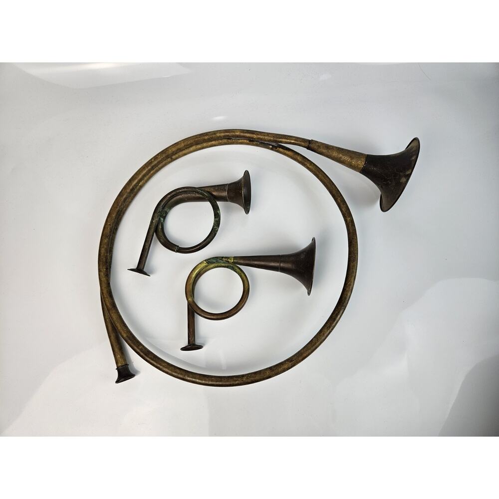 Set of 3 Brass French Horn Decoration Rustic Christmas Decor Farmhouse Up To 19"